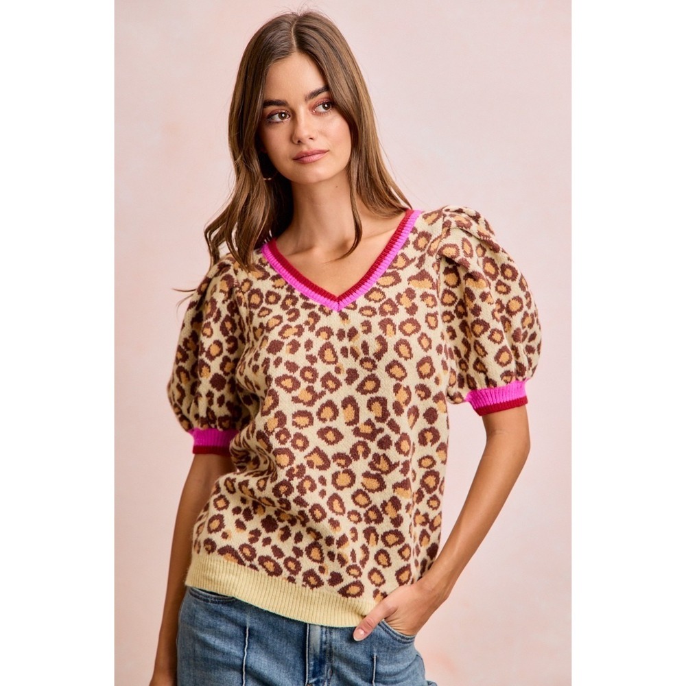 BiBi Leopard Pattern Puff Sleeve V-neck Sweater Top - Small